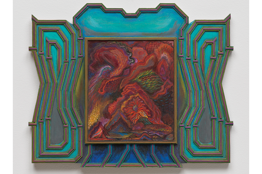 a piece of art hanging on the wall with red in the center and turquoise on the side.